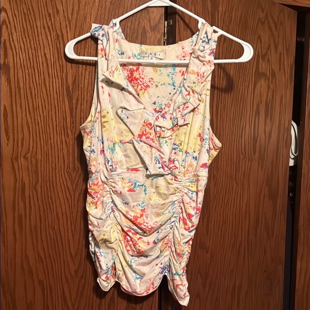 CAbi Pink Yellow Ruched Ruffled Tank Top
